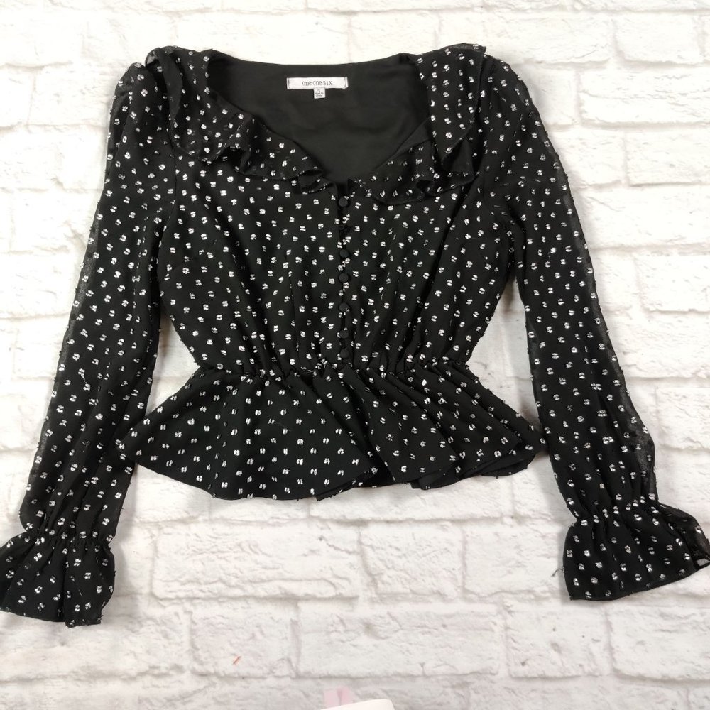 One One Six womens puff long sleeve button up ruffled top black silver dot sz S
